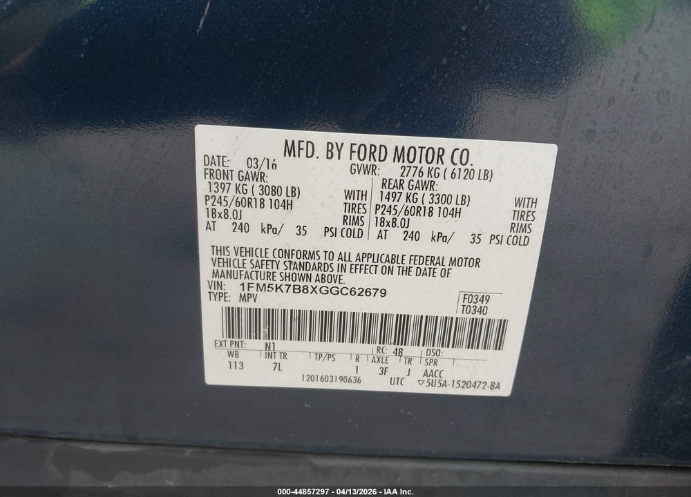 2016 FORD EXPLORER VIN: 1FM5K7B8XGGC62679