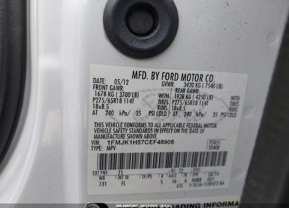 2012 FORD EXPEDITION EL XLT VIN: 1FMJK1H57CEF48908