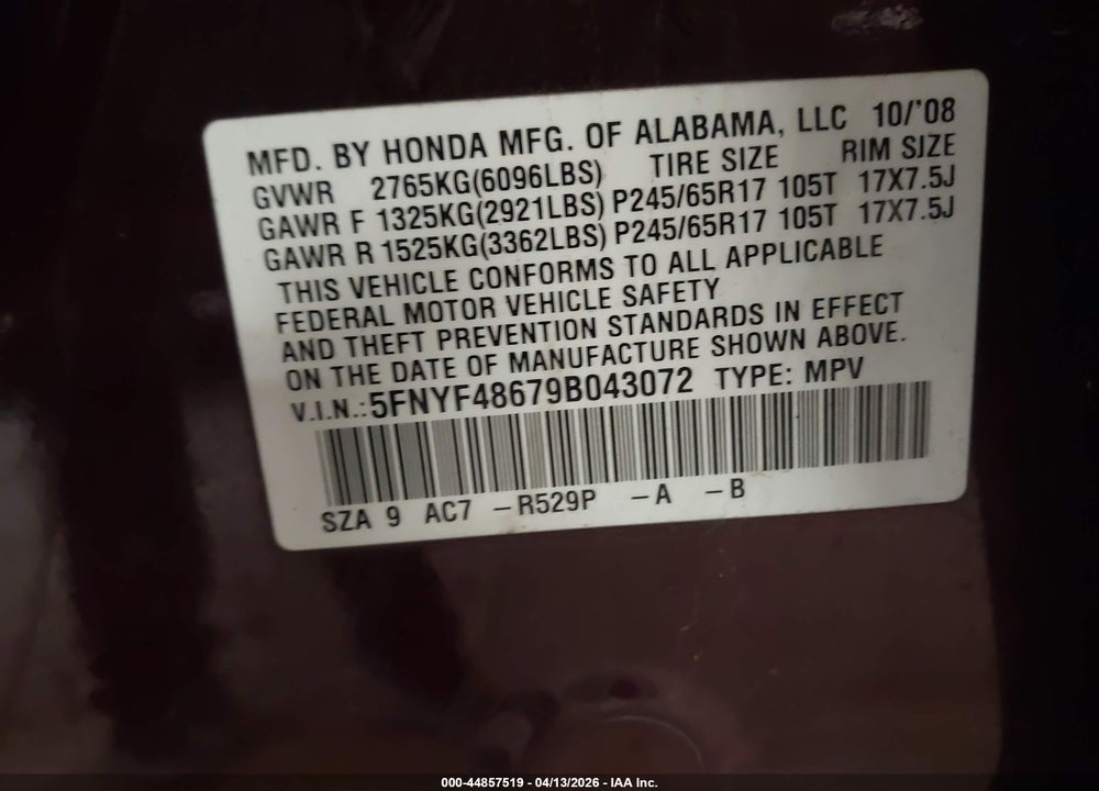2009 HONDA PILOT EX-L VIN: 5FNYF48679B043072