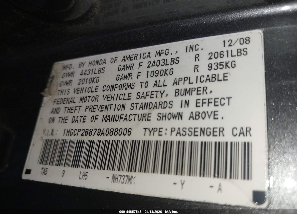 2009 HONDA ACCORD 2.4 EX-L VIN: 1HGCP26879A088006