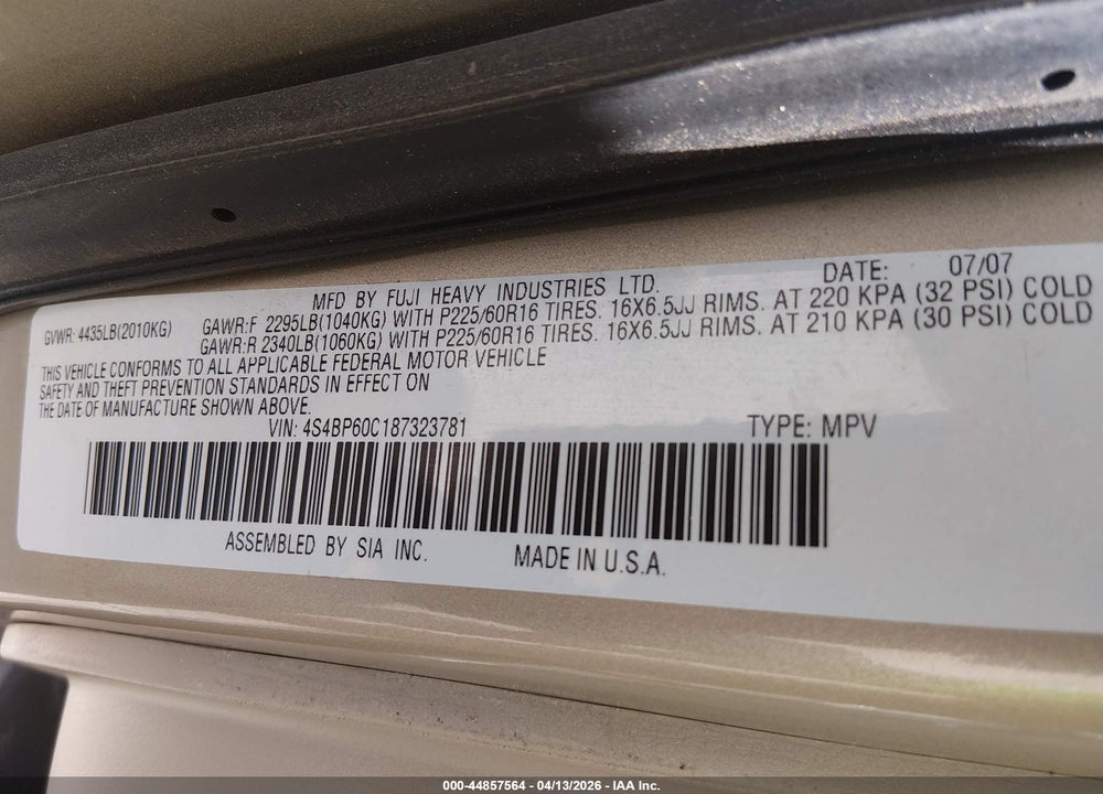 2008 SUBARU OUTBACK VIN: 4S4BP60C187323781