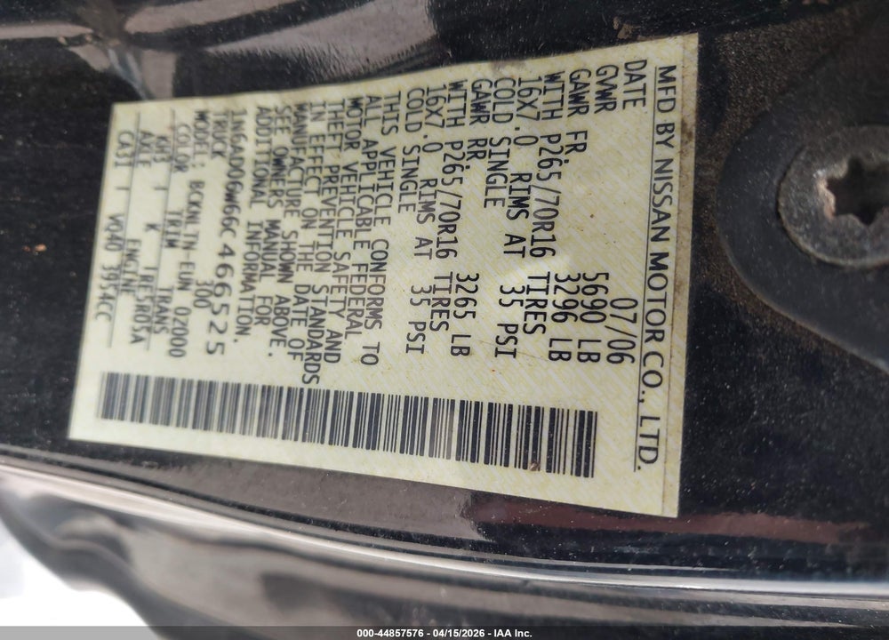 2006 NISSAN FRONTIER SE VIN: 1N6AD06W66C466525
