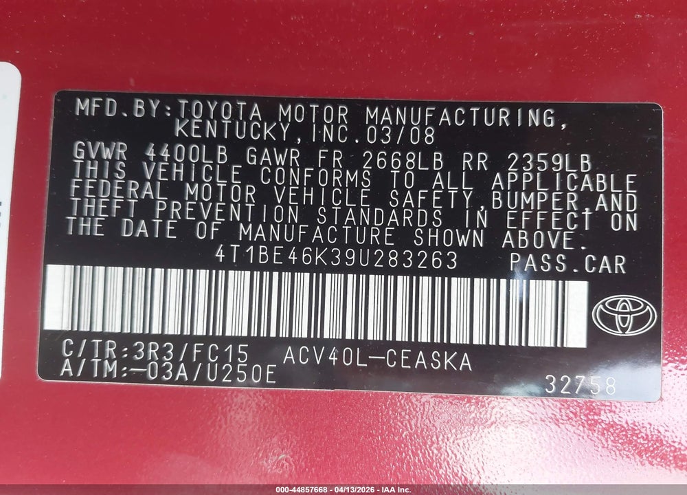 2009 TOYOTA CAMRY SE VIN: 4T1BE46K39U283263