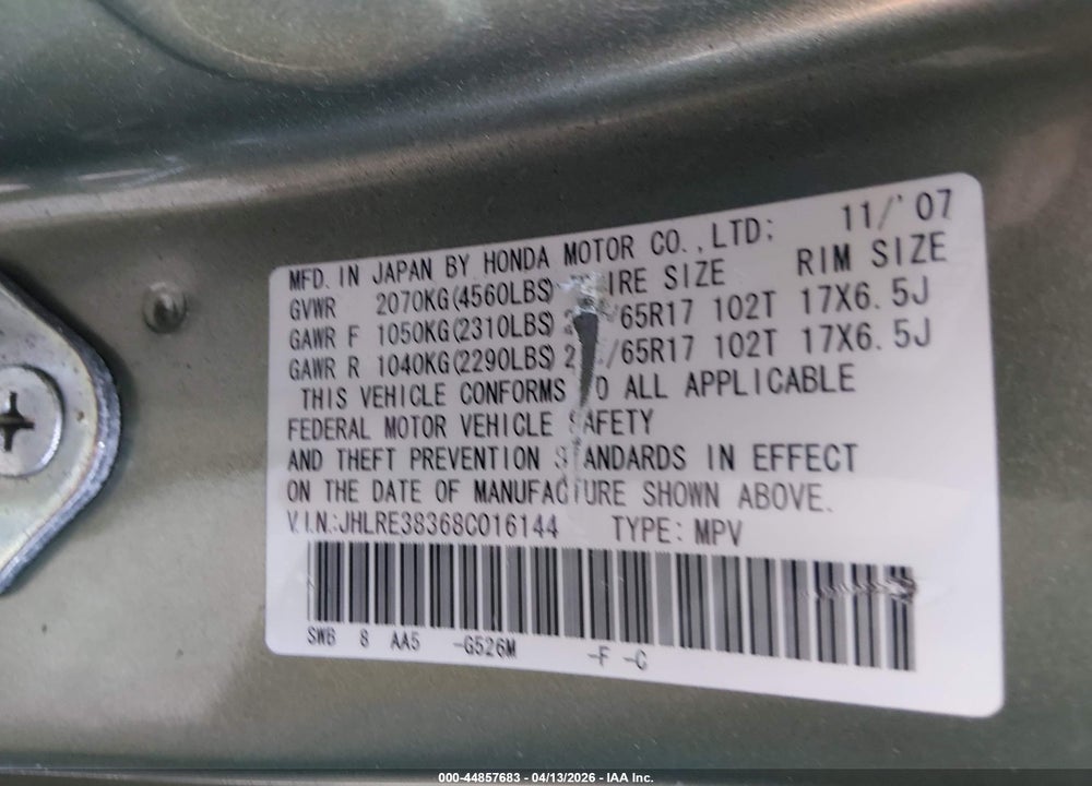 2008 HONDA CR-V LX VIN: JHLRE38368C016144