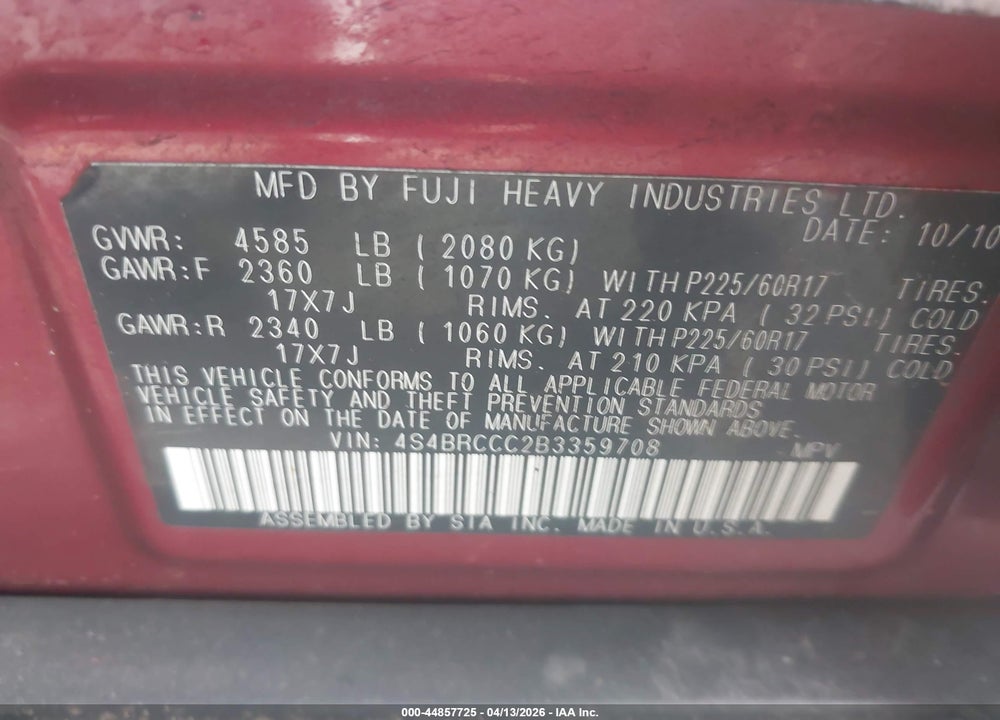 2011 SUBARU OUTBACK 2.5I PREMIUM VIN: 4S4BRCCC2B3359708