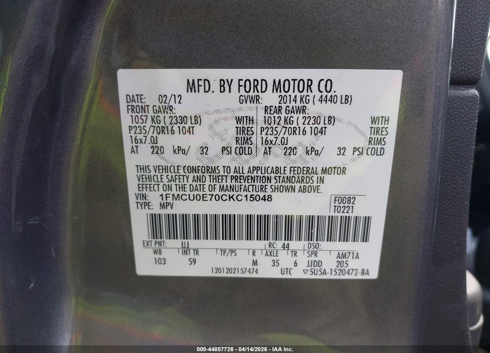 2012 FORD ESCAPE LIMITED VIN: 1FMCU0E70CKC15048