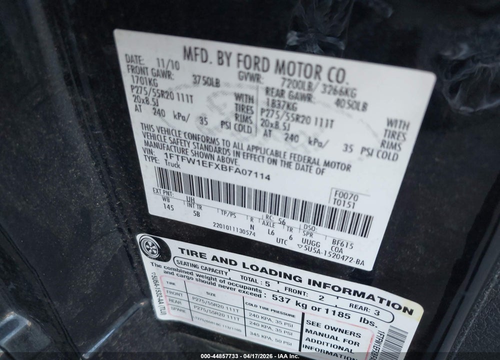 2011 FORD F-150 FX4 VIN: 1FTFW1EFXBFA07114