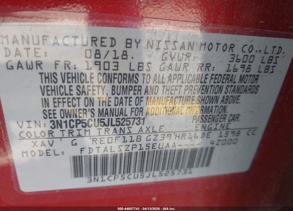2018 NISSAN KICKS SV VIN: 3N1CP5CU5JL525731
