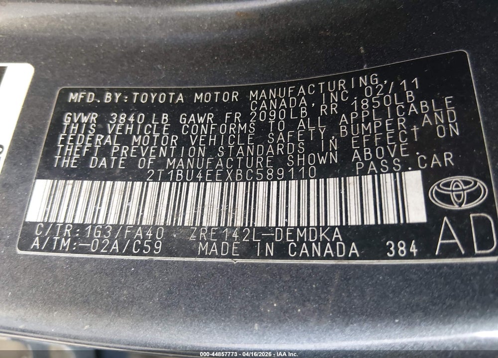 2011 TOYOTA COROLLA VIN: 2T1BU4EEXBC589110