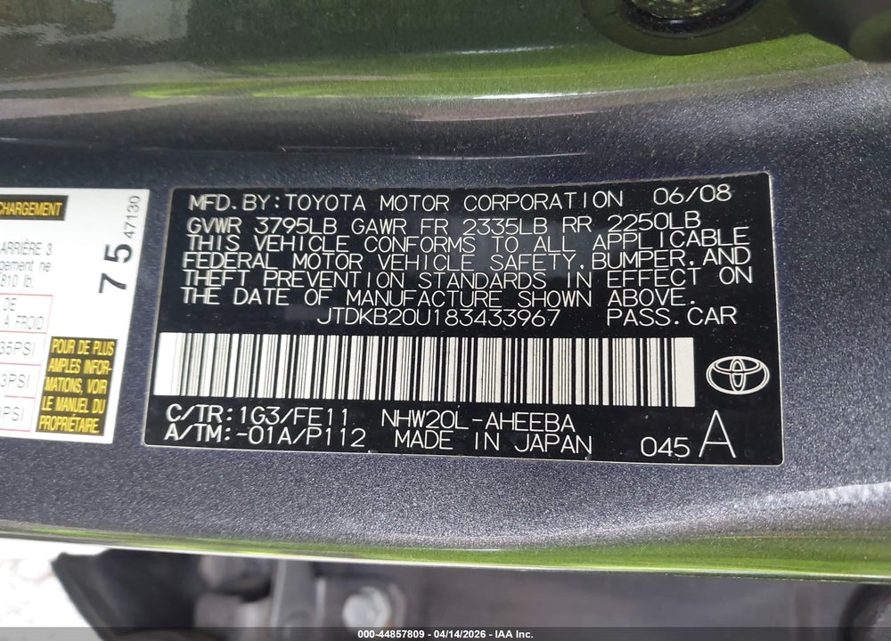 2008 TOYOTA PRIUS VIN: JTDKB20U183433967