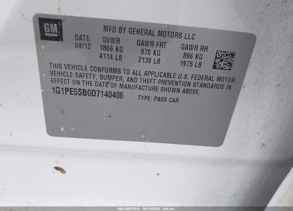 2013 CHEVROLET CRUZE 2LT AUTO VIN: 1G1PE5SB0D7140406