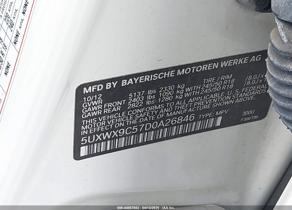 2013 BMW X3 XDRIVE28I VIN: 5UXWX9C57D0A26846