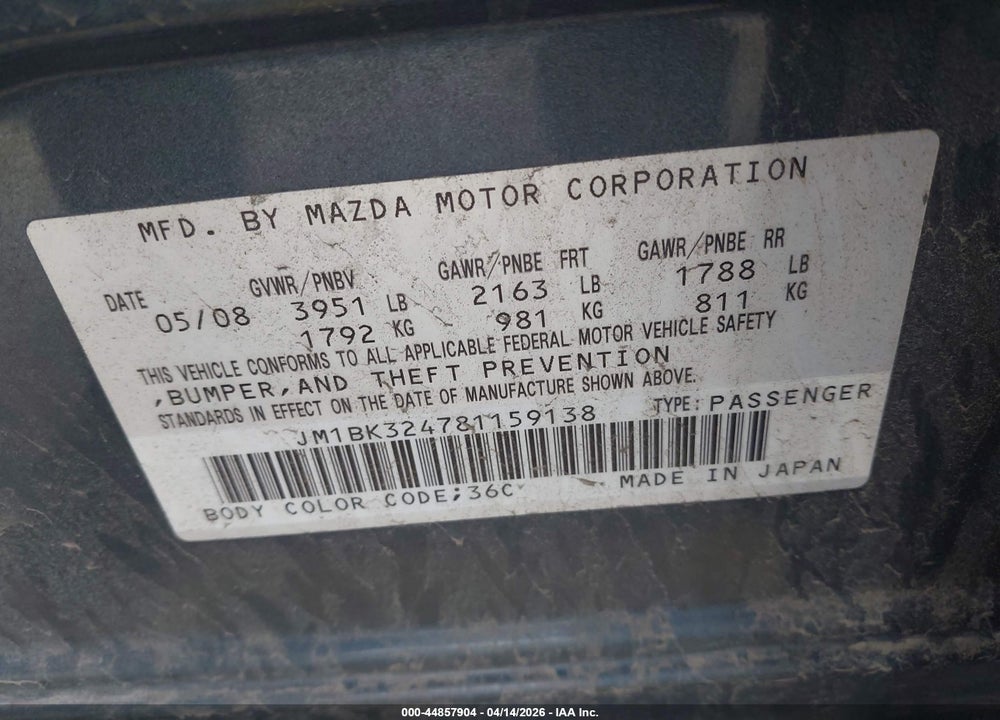 2008 MAZDA 3 VIN: JM1BK324781159138