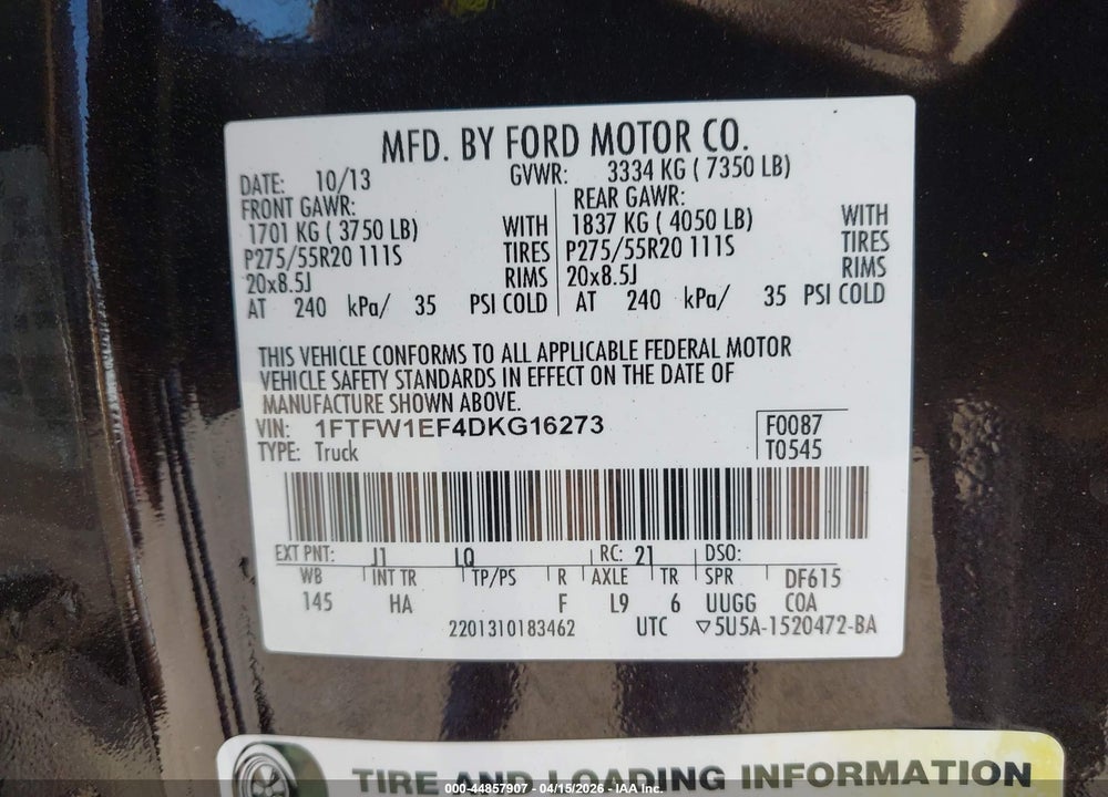 2013 FORD F-150 LARIAT VIN: 1FTFW1EF4DKG16273