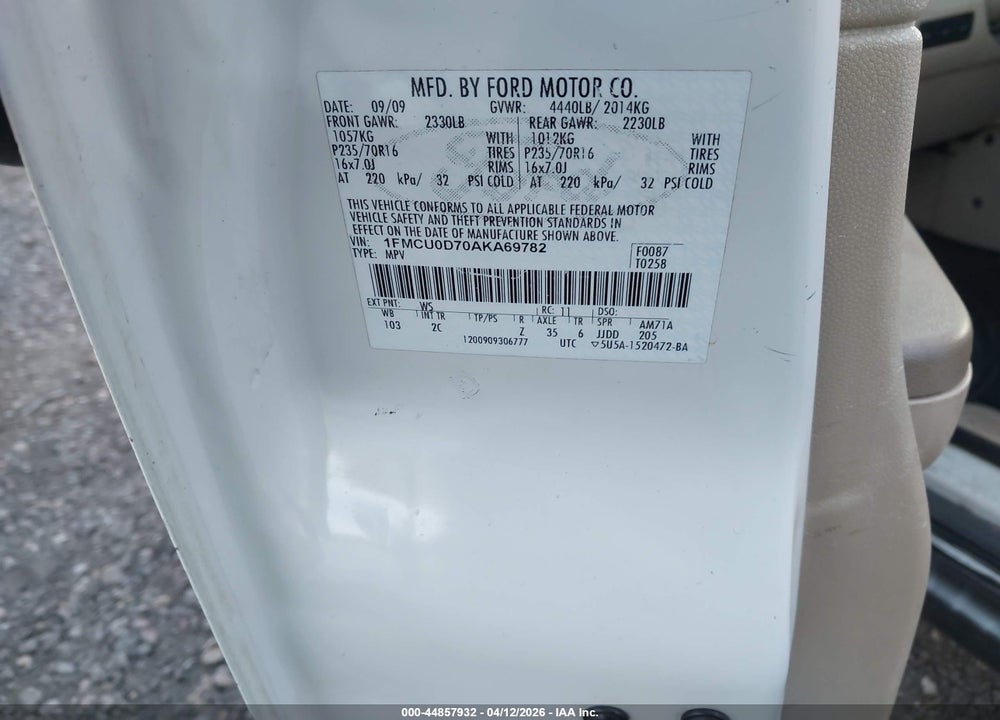 2010 FORD ESCAPE XLT VIN: 1FMCU0D70AKA69782