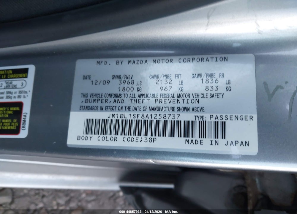 2010 MAZDA 3 I TOURING VIN: JM1BL1SF8A1258737