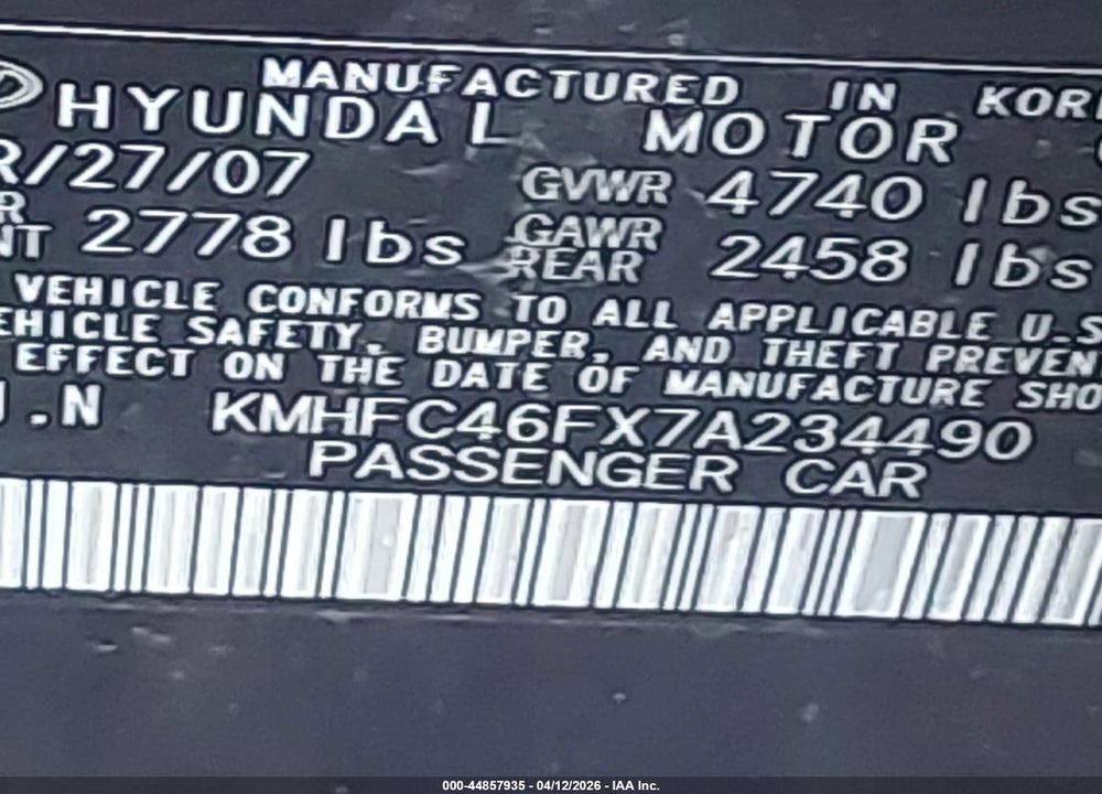 2007 HYUNDAI AZERA LIMITED/SE VIN: KMHFC46FX7A234490
