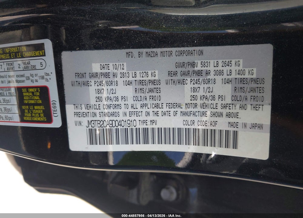 2013 MAZDA CX-9 TOURING VIN: JM3TB2CA9D0401910
