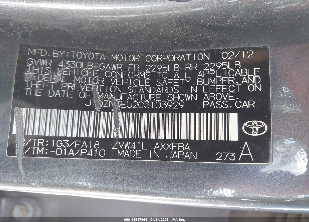 2012 TOYOTA PRIUS V TWO VIN: JTDZN3EU2C3103929