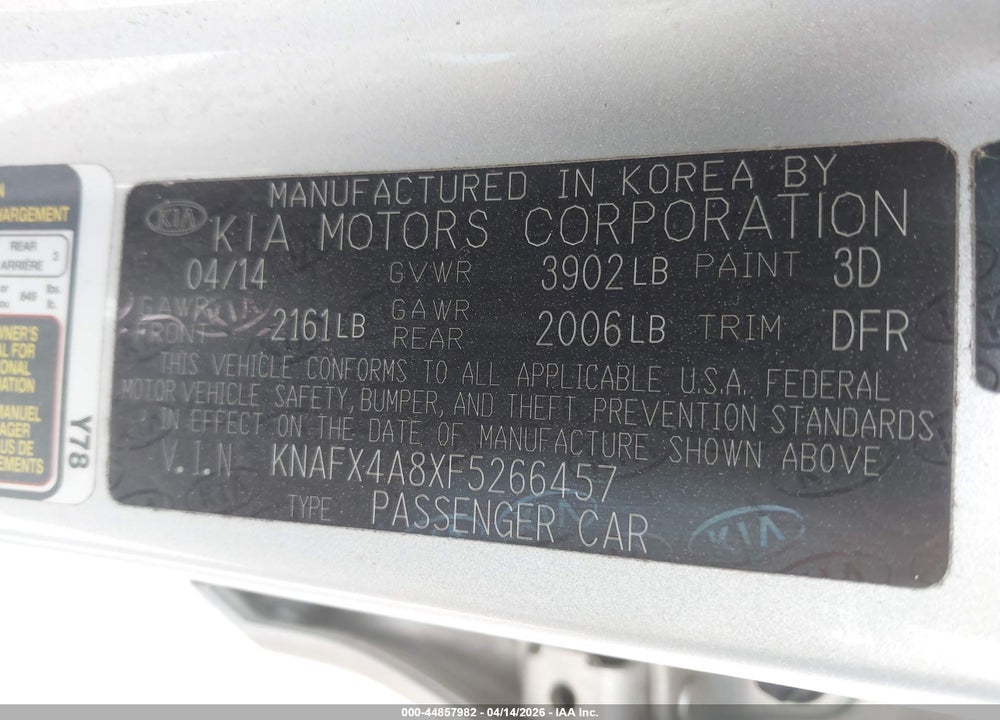 2015 KIA FORTE EX VIN: KNAFX4A8XF5266457