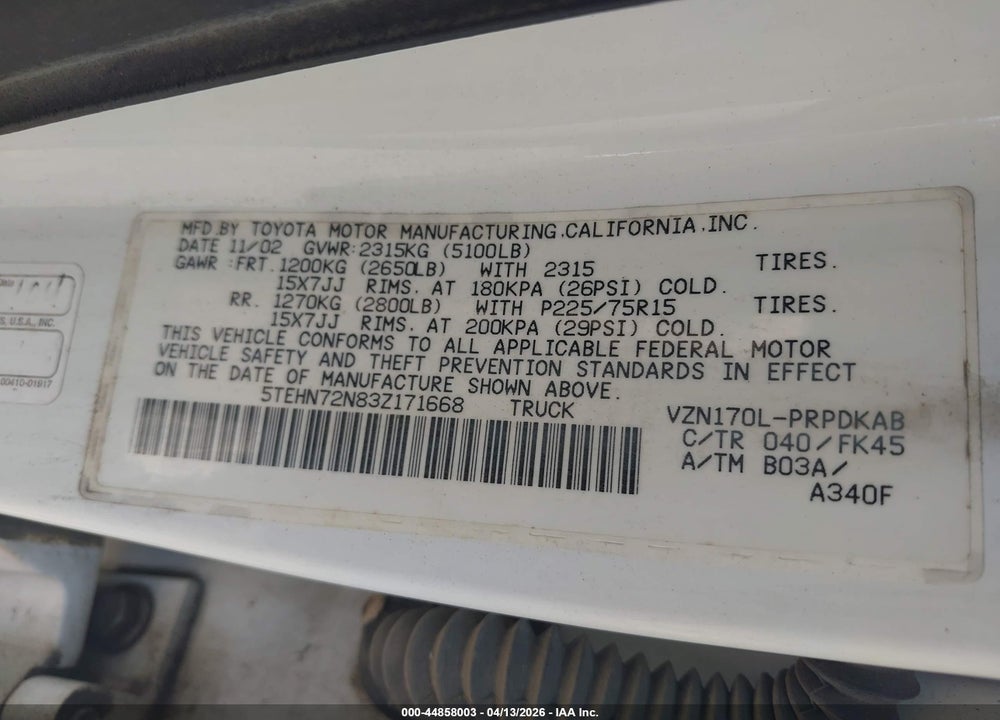 2003 TOYOTA TACOMA BASE V6 VIN: 5TEHN72N83Z171668