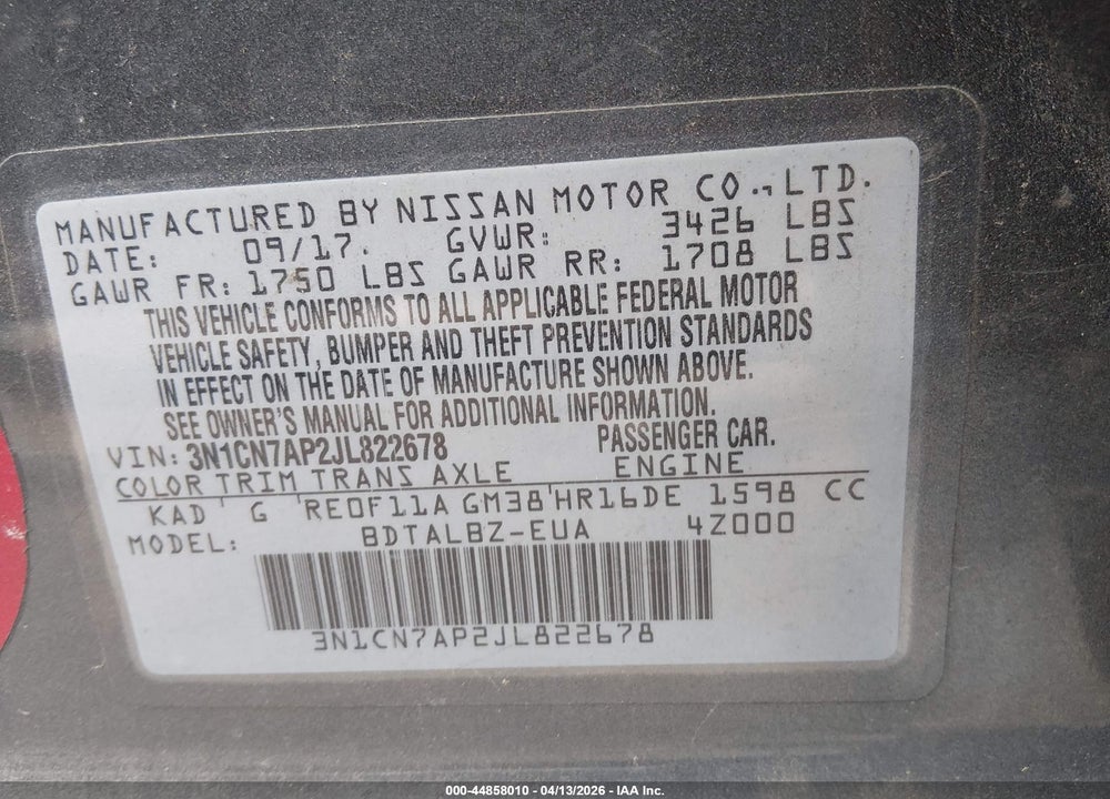 2018 NISSAN VERSA 1.6 SV VIN: 3N1CN7AP2JL822678
