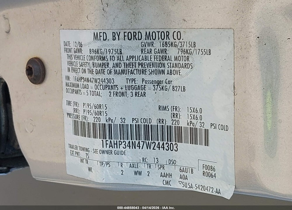 2007 FORD FOCUS S/SE/SES VIN: 1FAHP34N47W244303