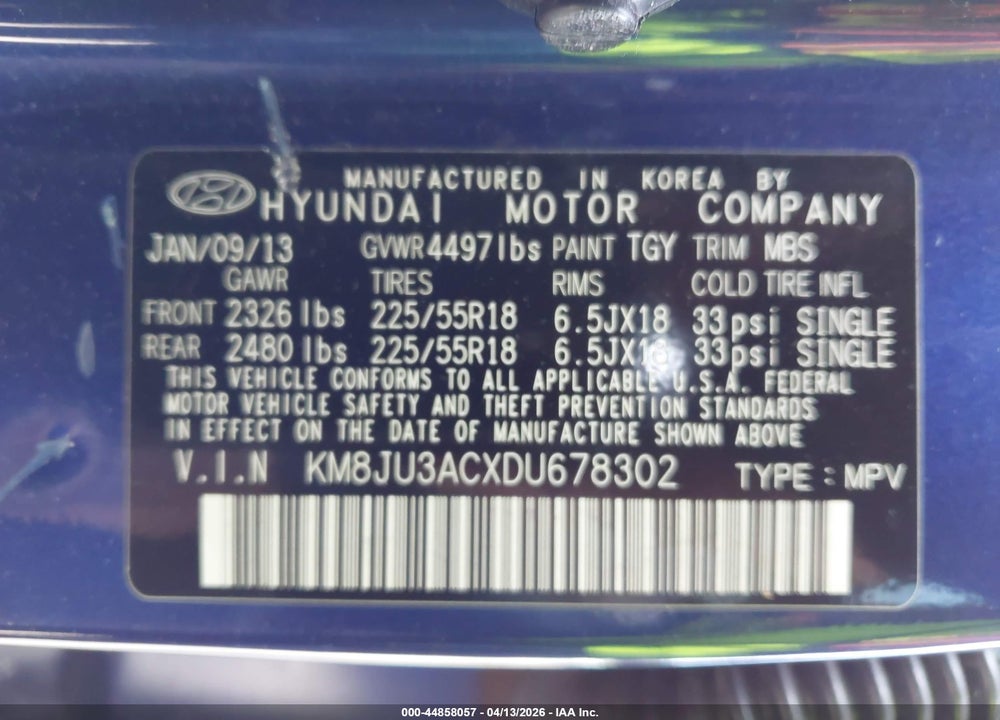 2013 HYUNDAI TUCSON LIMITED VIN: KM8JU3ACXDU678302