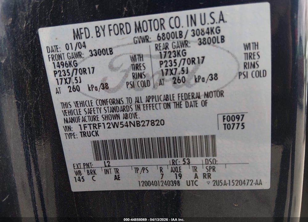 2004 FORD F-150 STX/XL/XLT VIN: 1FTRF12W54NB27820