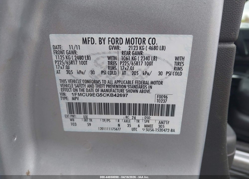 2012 FORD ESCAPE LIMITED VIN: 1FMCU9EG5CKB42697
