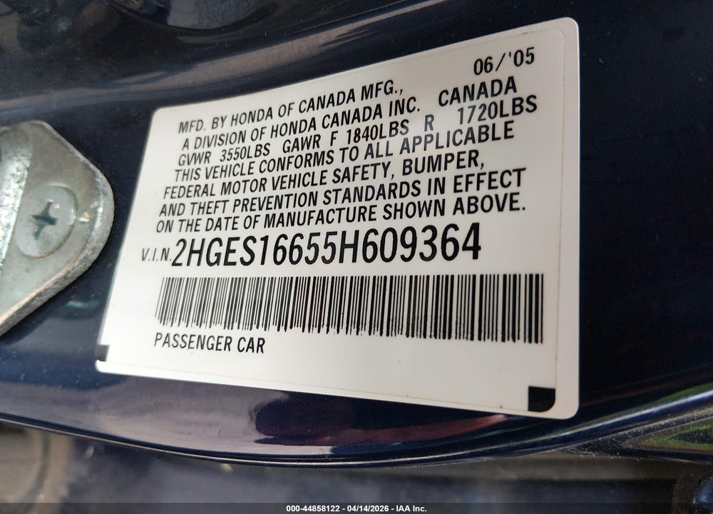 2005 HONDA CIVIC LX VIN: 2HGES16655H609364