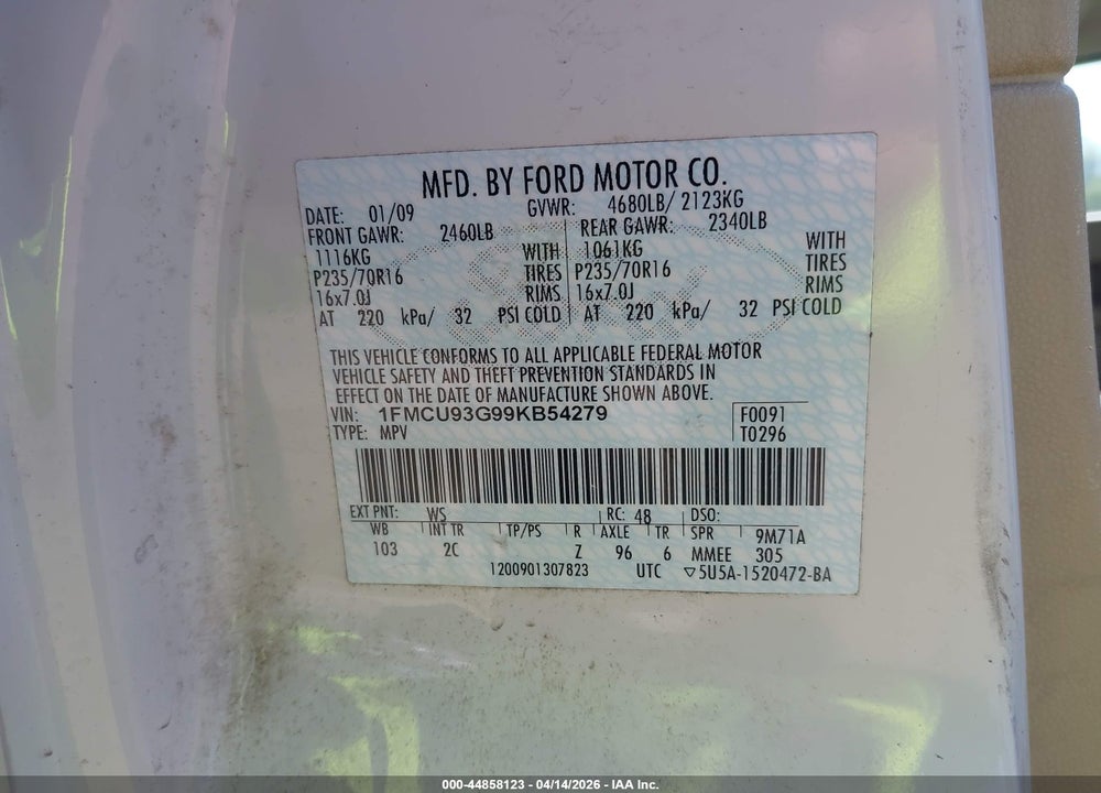 2009 FORD ESCAPE XLT VIN: 1FMCU93G99KB54279