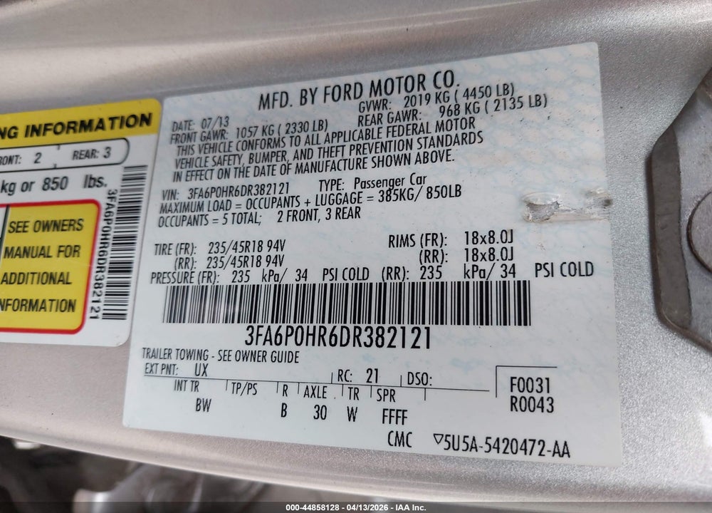 2013 FORD FUSION SE VIN: 3FA6P0HR6DR382121