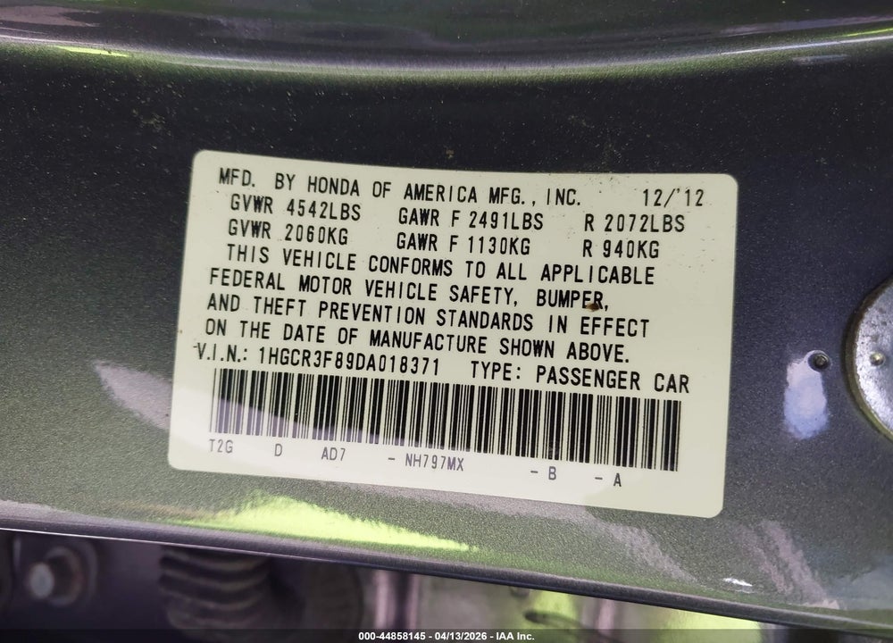 2013 HONDA ACCORD EX-L V-6 VIN: 1HGCR3F89DA018371