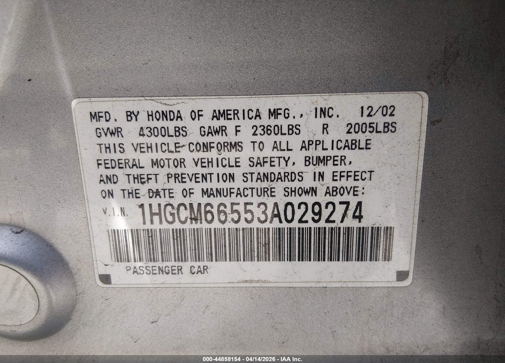 2003 HONDA ACCORD 3.0 EX VIN: 1HGCM66553A029274
