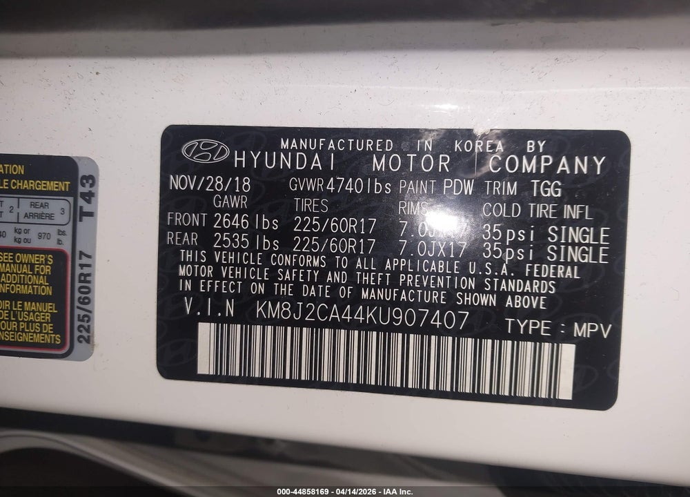 2019 HYUNDAI TUCSON SE VIN: KM8J2CA44KU907407
