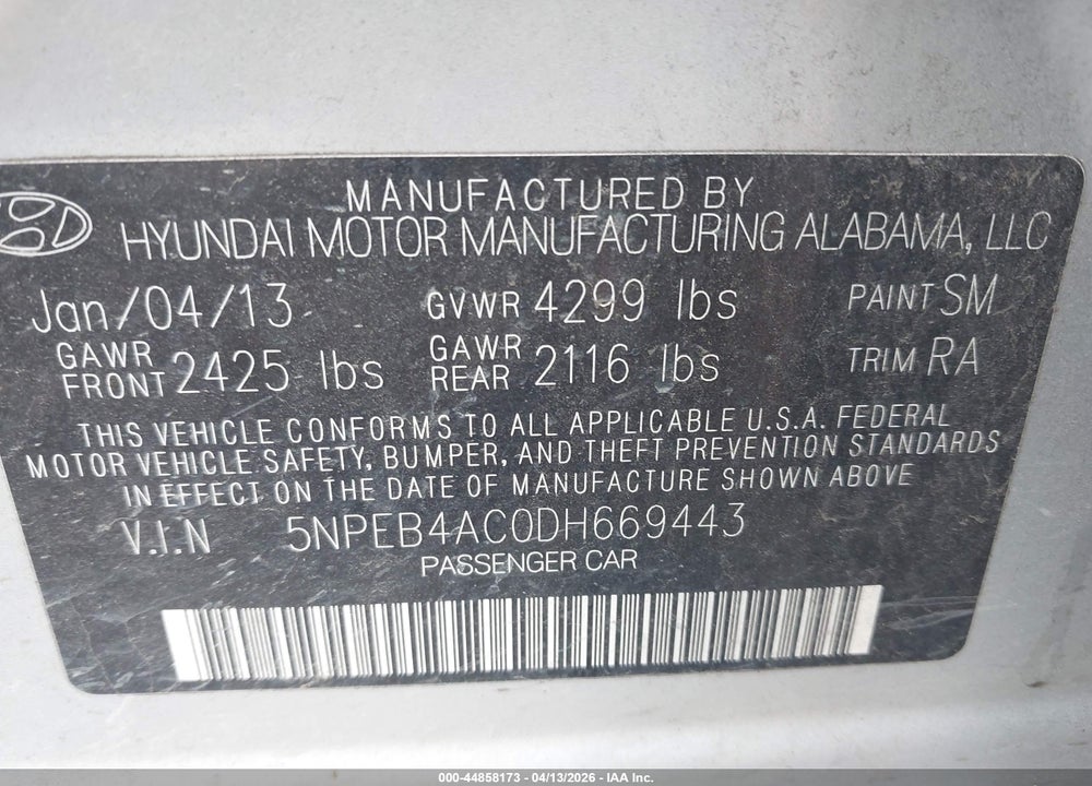 2013 HYUNDAI SONATA GLS VIN: 5NPEB4AC0DH669443