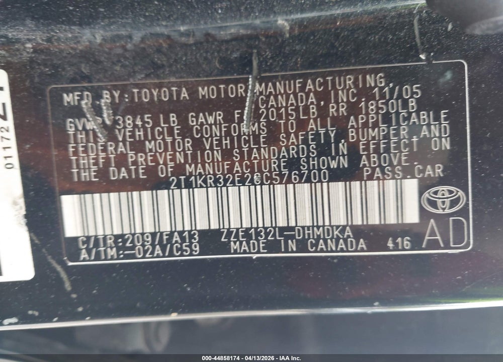 2006 TOYOTA MATRIX VIN: 2T1KR32E26C576700