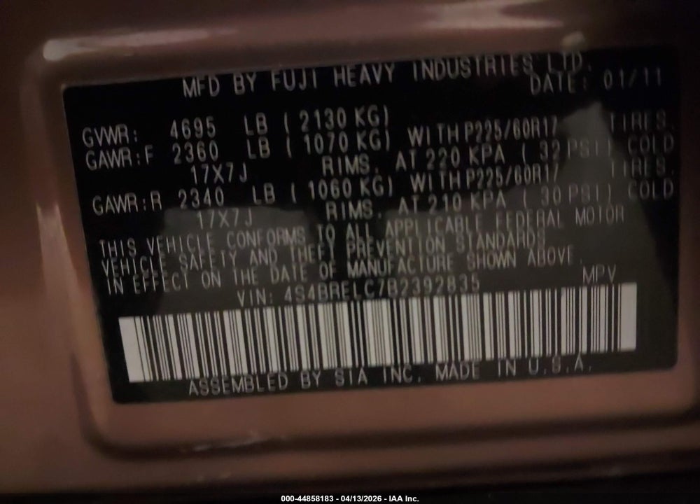 2011 SUBARU OUTBACK 3.6R LIMITED VIN: 4S4BRELC7B2392835