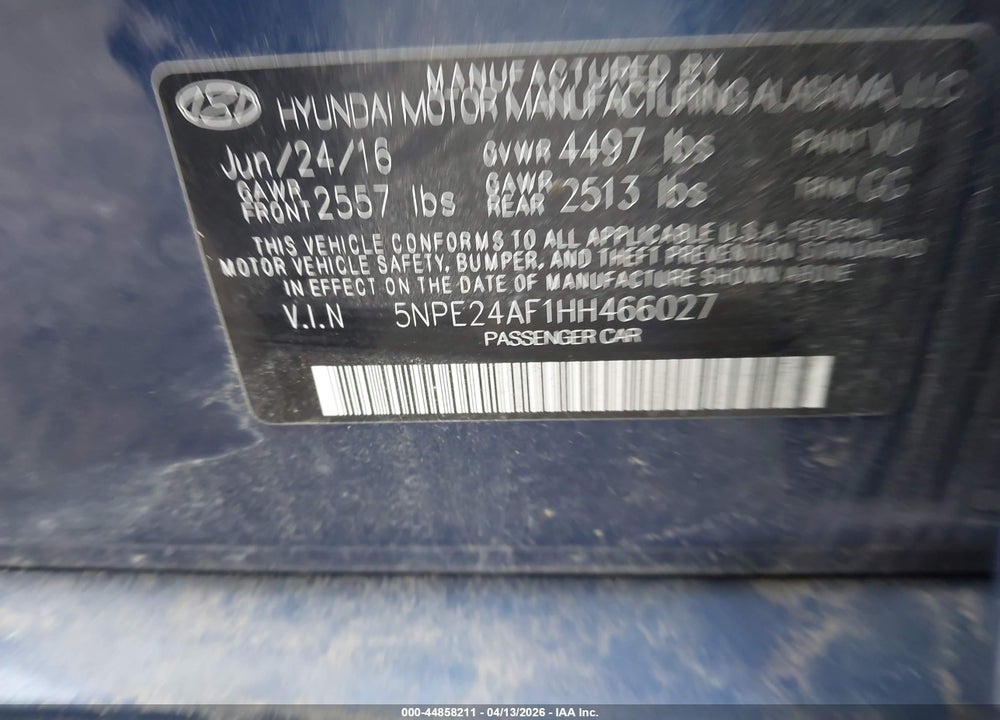 2017 HYUNDAI SONATA SE VIN: 5NPE24AF1HH466027