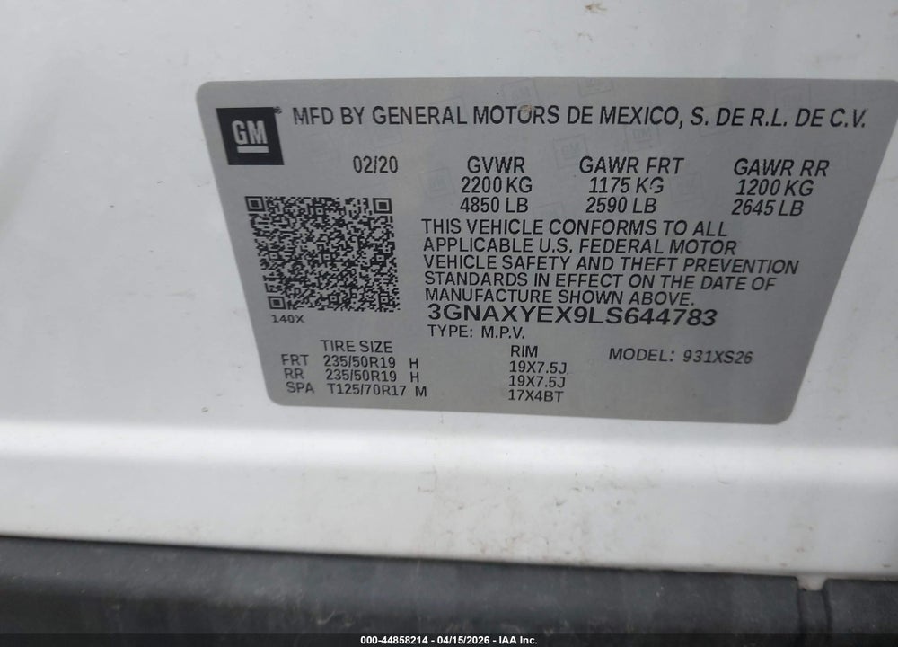 2020 CHEVROLET EQUINOX AWD PREMIER 2.0L TURBO VIN: 3GNAXYEX9LS644783