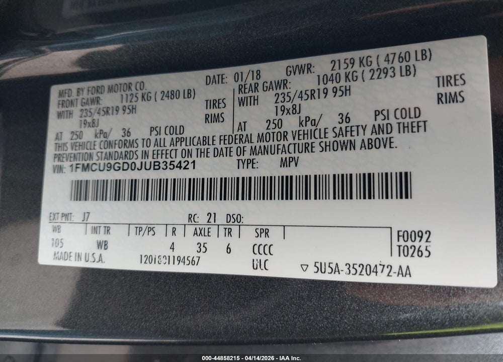 2018 FORD ESCAPE SE VIN: 1FMCU9GD0JUB35421