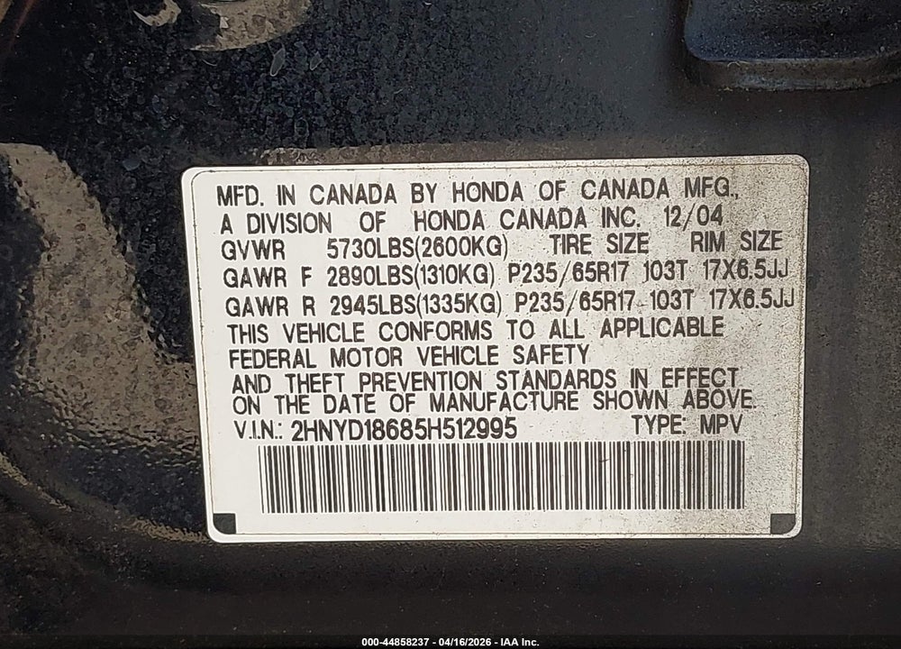 2005 ACURA MDX VIN: 2HNYD18685H512995