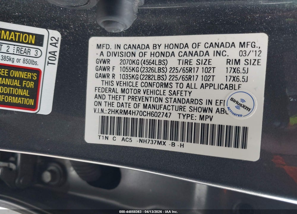 2012 HONDA CR-V EX-L VIN: 2HKRM4H70CH602747