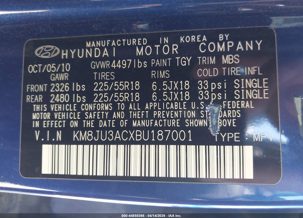 2011 HYUNDAI TUCSON LIMITED VIN: KM8JU3ACXBU187001