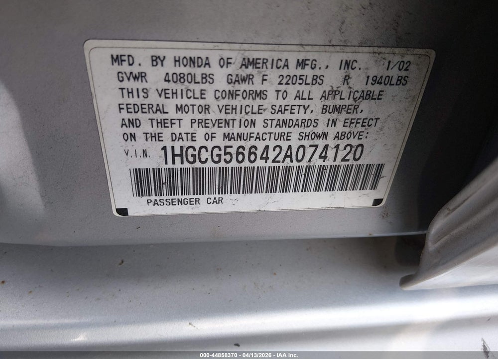 2002 HONDA ACCORD 2.3 EX VIN: 1HGCG56642A074120
