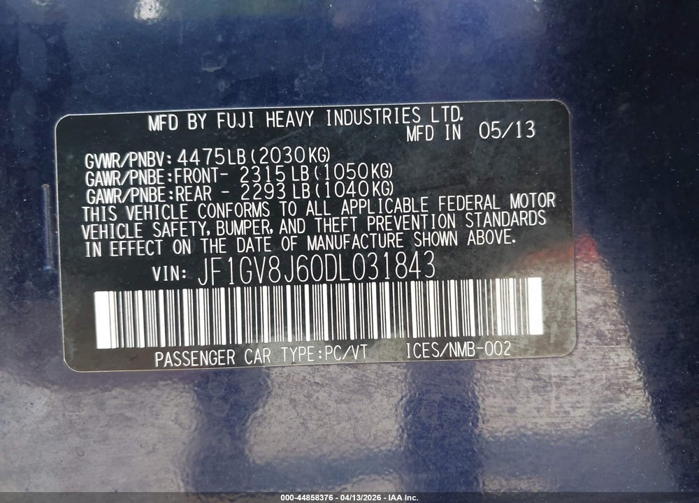 2013 SUBARU IMPREZA WRX STI LIMITED VIN: JF1GV8J60DL031843
