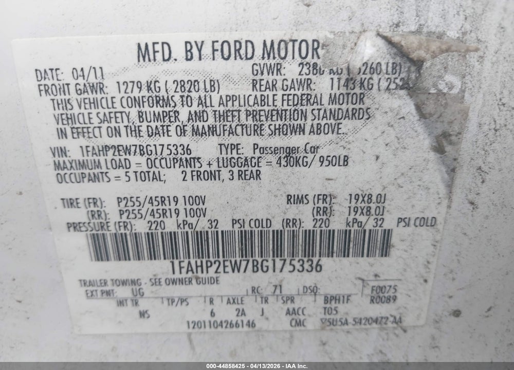 2011 FORD TAURUS SEL VIN: 1FAHP2EW7BG175336