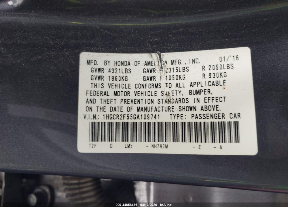 2016 HONDA ACCORD SPORT VIN: 1HGCR2F55GA109741
