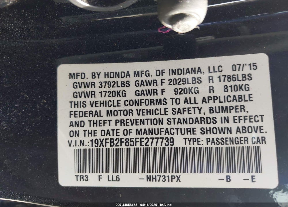 2015 HONDA CIVIC EX VIN: 19XFB2F85FE277739